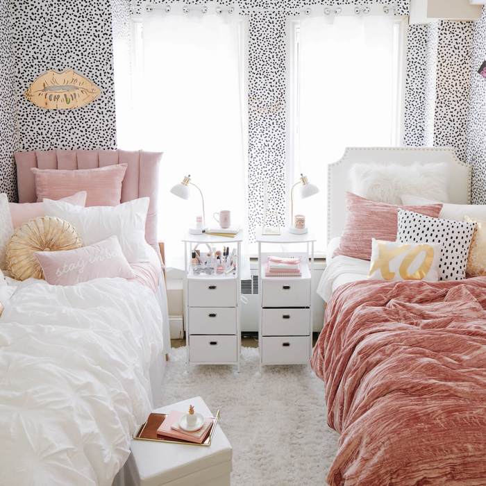 pink and white and black polka dots dorm room idea