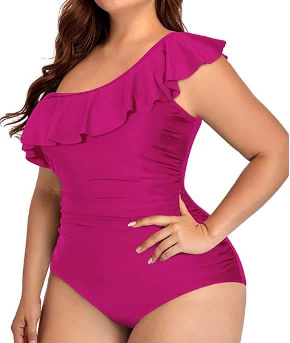 best plus size hot pink one piece swimsuit with off the shoulder ruffles by Aqua Eve