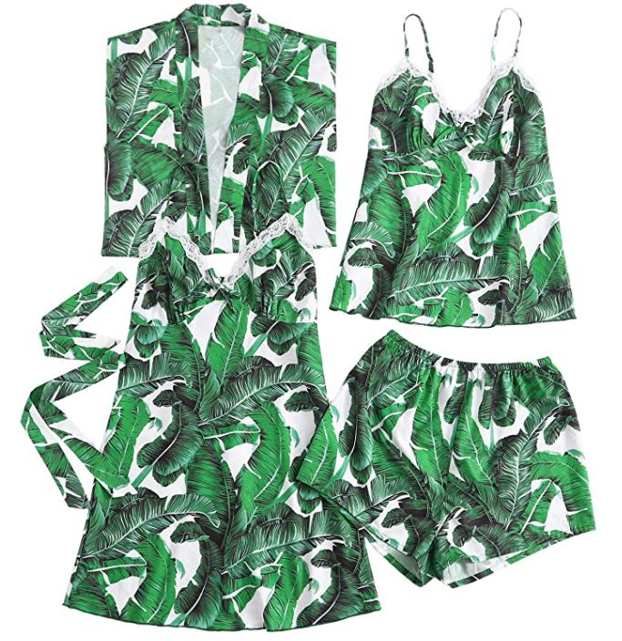tropical leaf pajama set with kimono robe, cami top, pajama shorts, and nightgown by Floerns