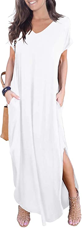 White Casual Plus Size Maxi Dress with Pockets