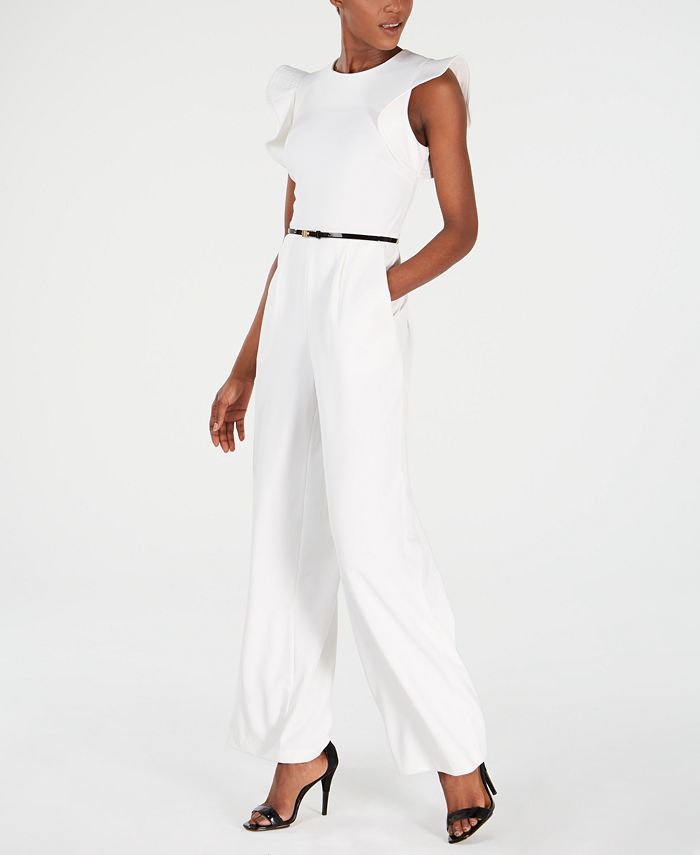 white classy Calvin Klein ruffle sleeve white jumpsuit