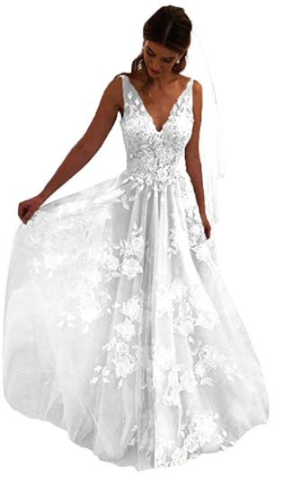 Tsbridal Women Wedding Dresses A-line V-Neck Tulle Lace Backless Boho Wedding Gown Wedding Dress on Amazon