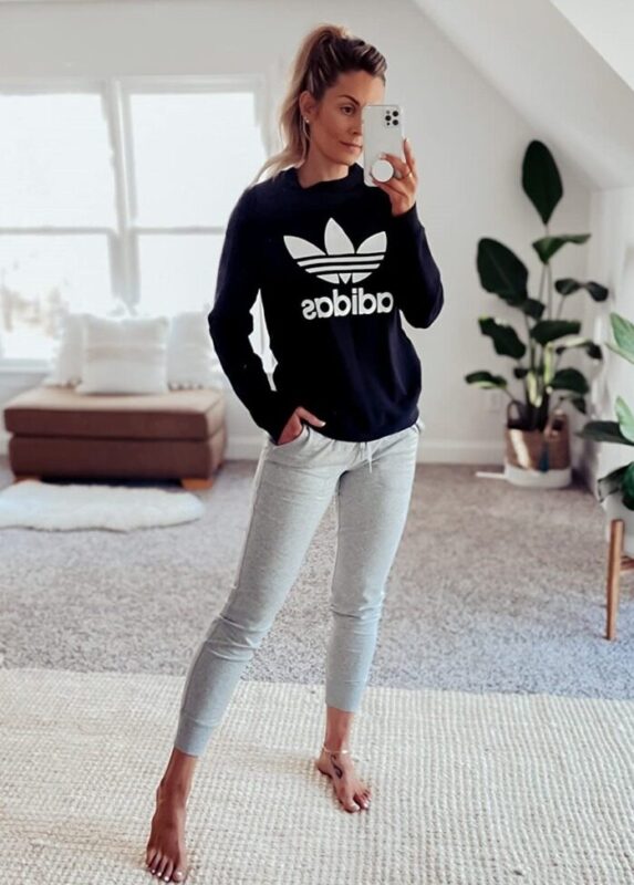 Adidas loungewear outfit for women with grey joggers and Adidas sweatshirt