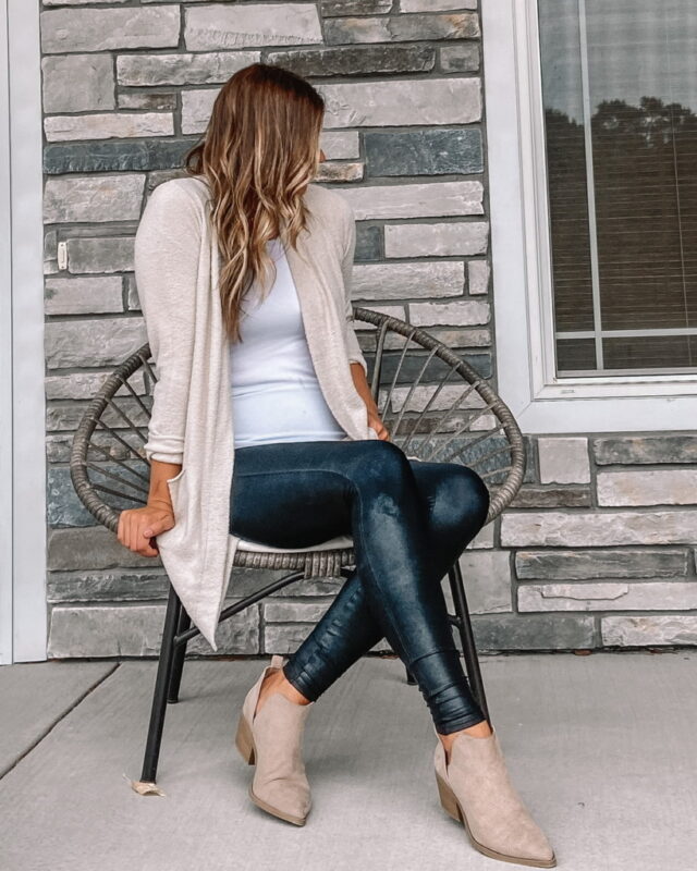 cute athleisure outfit with black tights, beige booties, and cardigan on Amazon