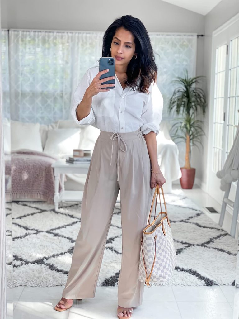 business casual loungewear outfit on Amazon with tan wide leg pants and white linen blouse shirt