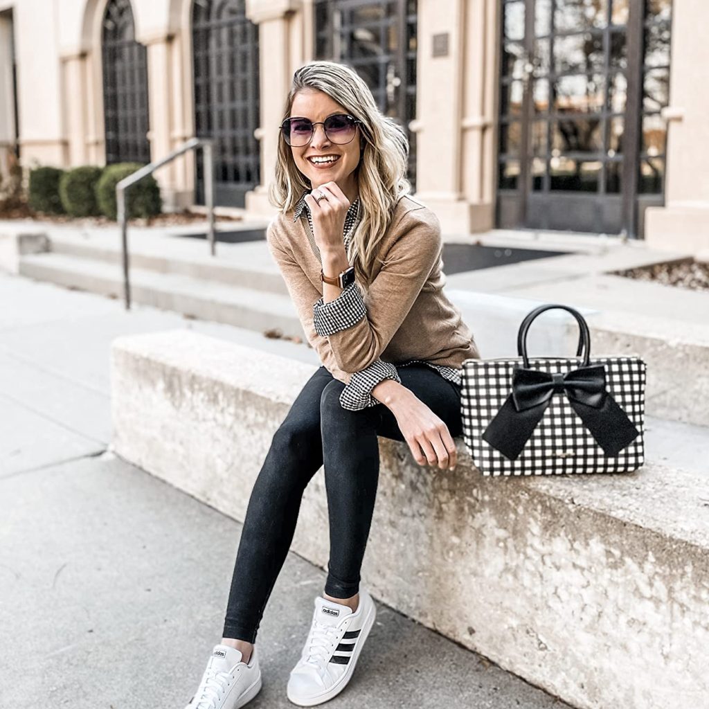 business casual work outfit with black leggings, sneakers, and brown sweater on Amazon