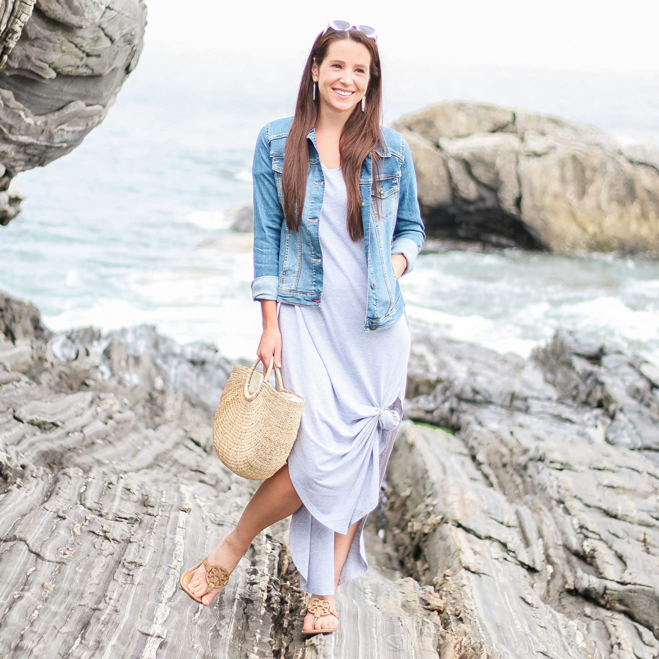 casual summer outfit idea with maxi dress and jean jacket
