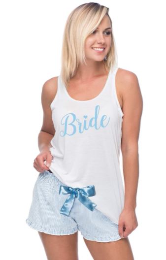 cute blue and white bride pajama sets on Amazon with "Bride" on pajama shirt
