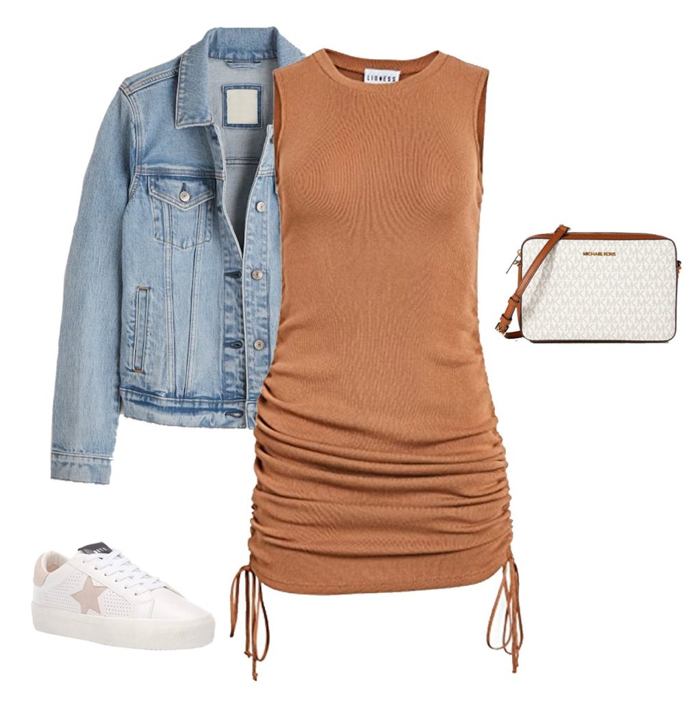 cute fun summer outfit with brown ruched dress, jean jacket, and white sneakers