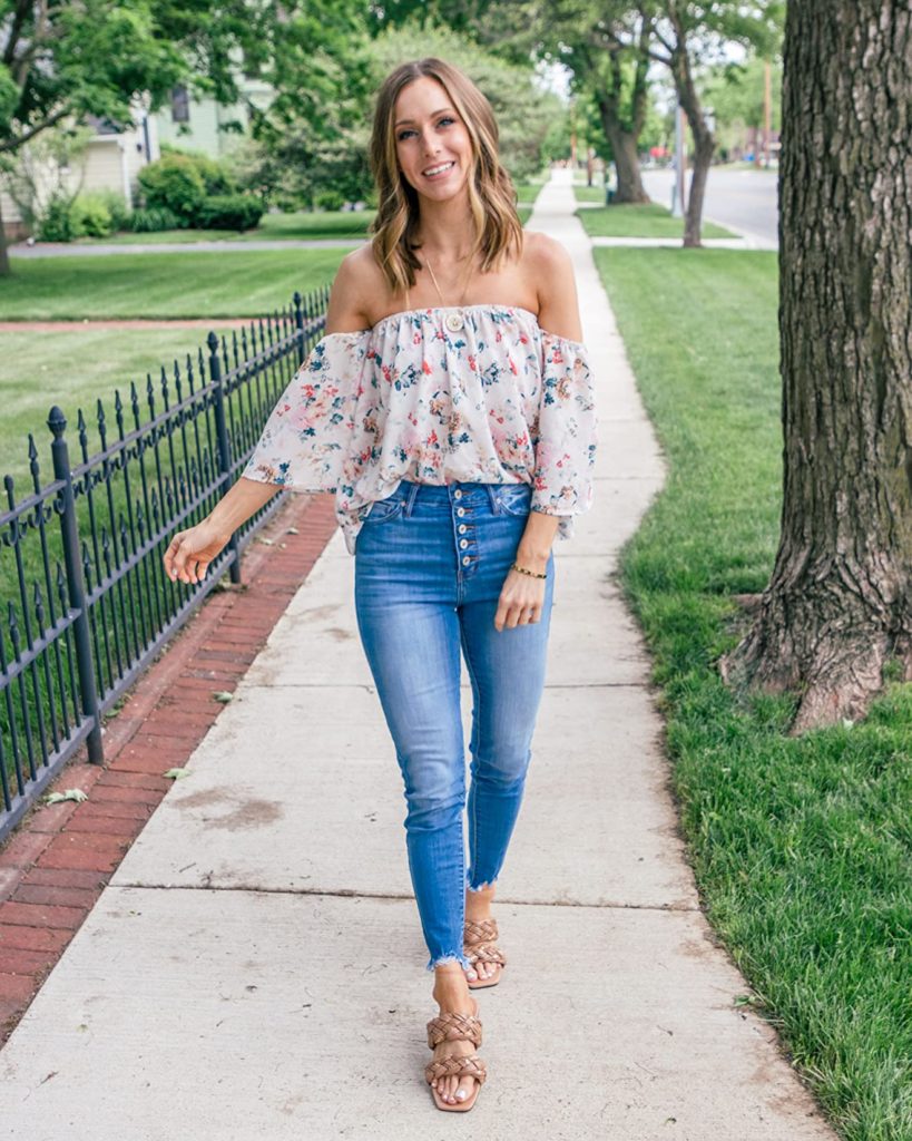 cute spring and summer outfit idea with jeans, off the shoulder floral blouse, and tan sandals