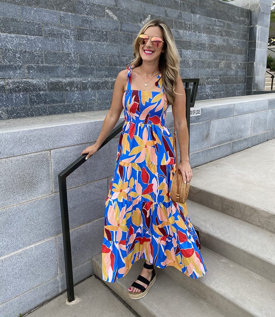 cute and girly summer outfit idea with blue floral maxi dress and wedges on Amazon