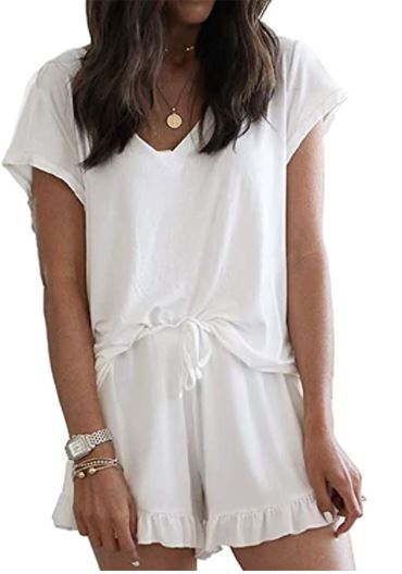 LuckyMoore cute white cotton ruffled pajama set with shorts and shirt on Amazon
