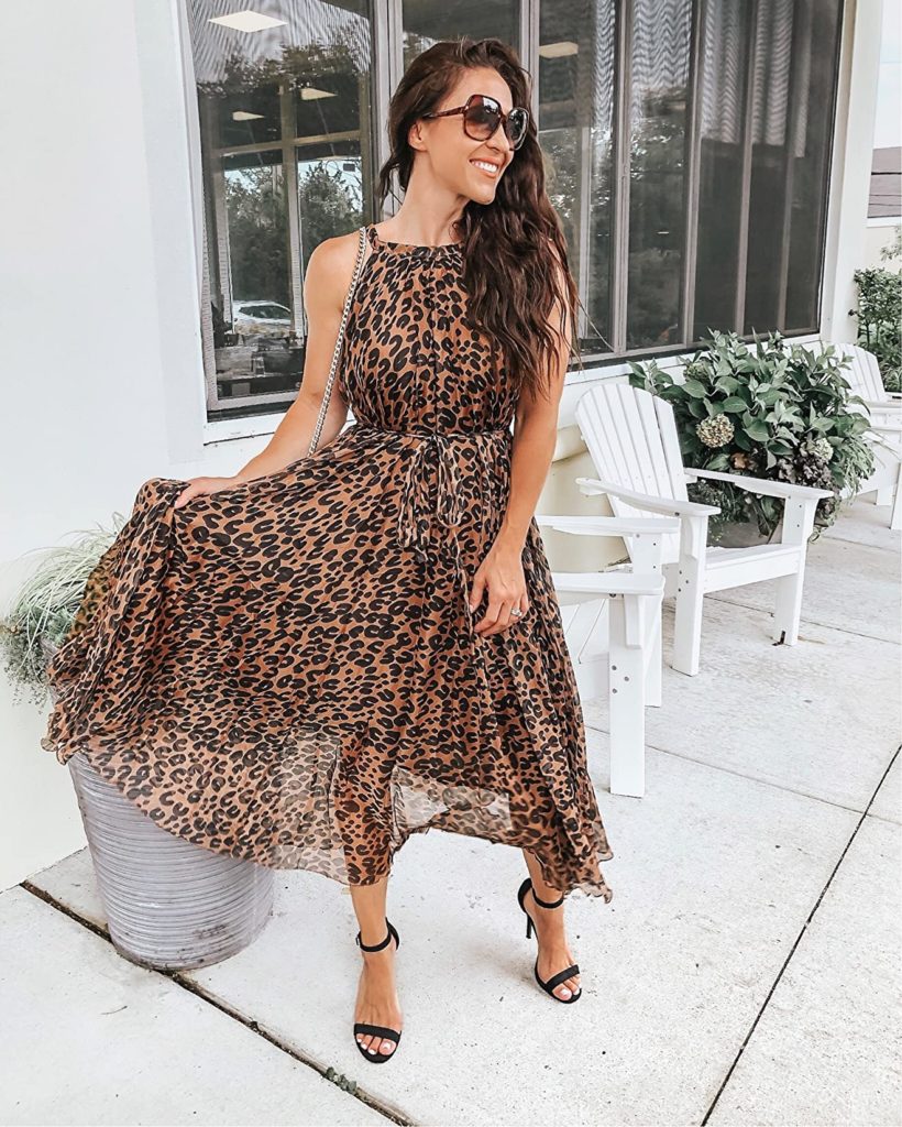 fall outfit idea with maxi leopard print dress, black open toe heels, and sunglasses on Amazon