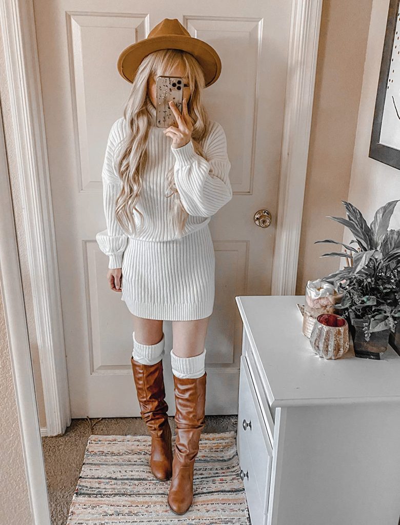 fall outfit idea with white sweater dress, brown hat, and brown knee high boots on Amazon