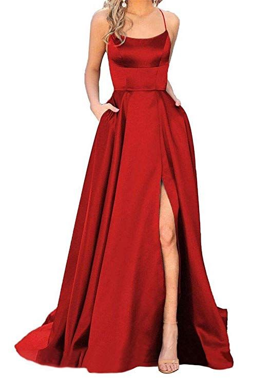 Women's Spaghetti Prom Dresses Side Split Satin Formal Dress Evening Gowns with Pockets