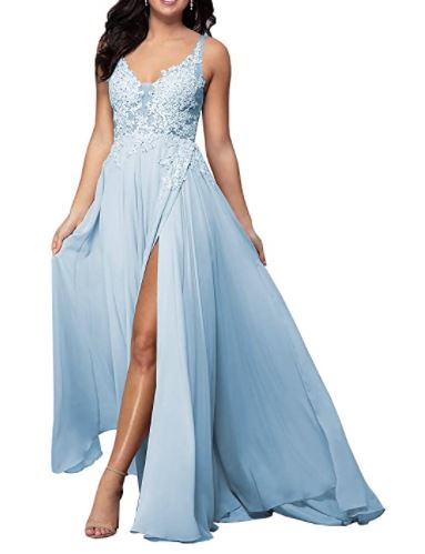 light blue V Neck Lace Applique Prom Dresses Long Chiffon A-line Formal Evening Gown with High Slit