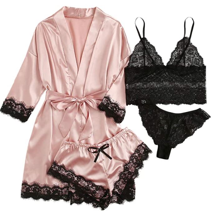 sexy light pink and black lace silk and satin pajama set with matching robe