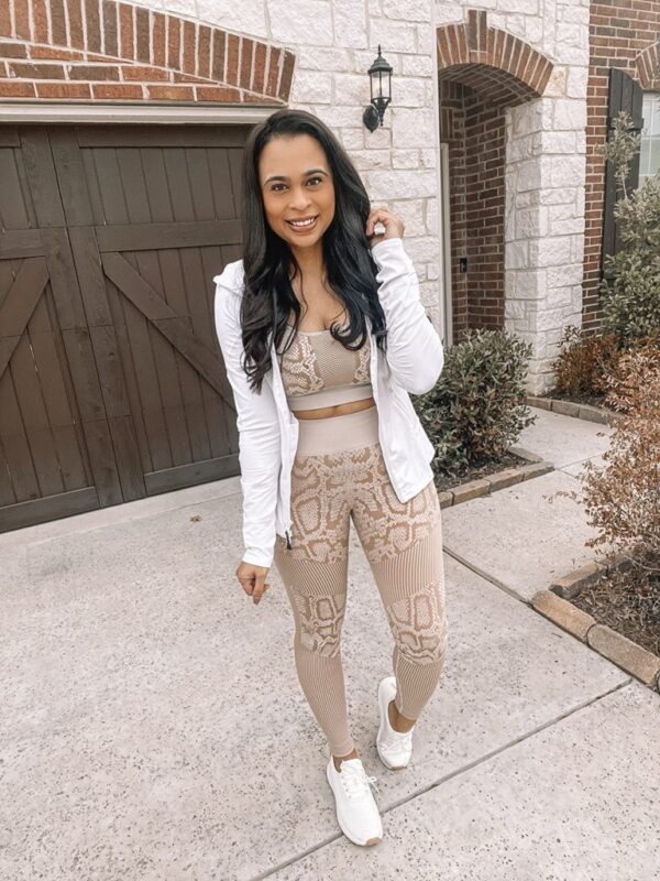 light tan snakeskin athleisure outfit for summer with white sneakers