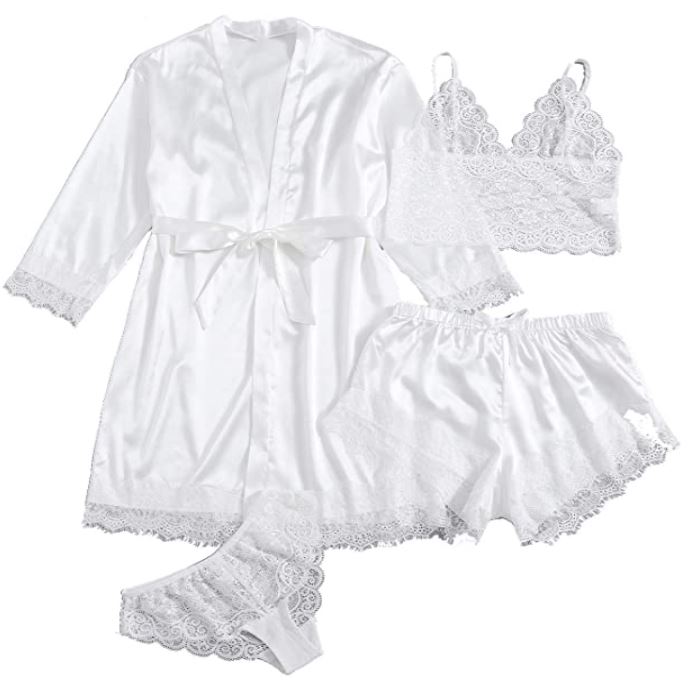 white SOLY HUX Women's Sleepwear 4pcs Floral Lace Trim Satin Cami Pajama Set with Robe for the bride to be