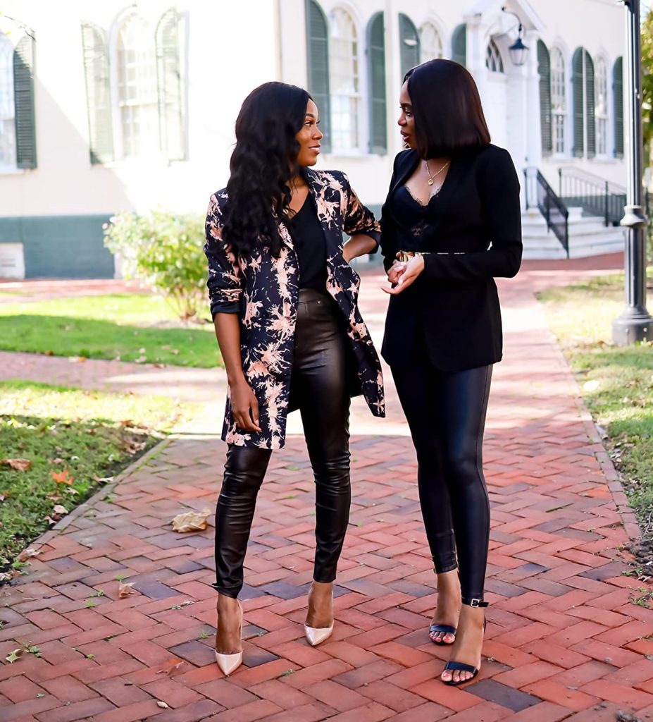 work outfit idea with black leggings and blazer on two black professional work women