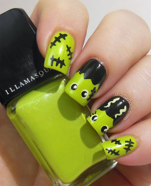 Frankenstein and Bride green and black Halloween nails