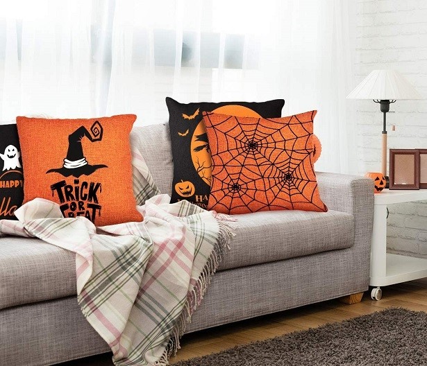 Halloween pillows for Halloween apartment decorations with Trick or Treat and Spiderwebs
