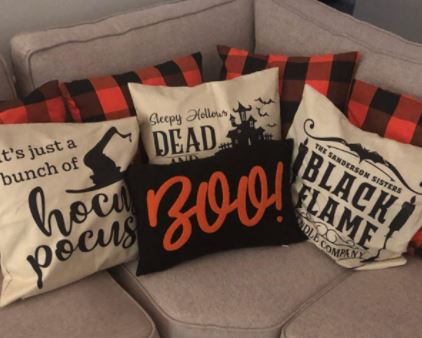 Roll over image to zoom in      PSDWETS Fall Halloween Decor Throw Pillow Covers Set of 4 with Halloween Decorations Quotes Cotton Linen Home Pillow Covers 18 x 18 Inches for Rustic Modern Farmhouse