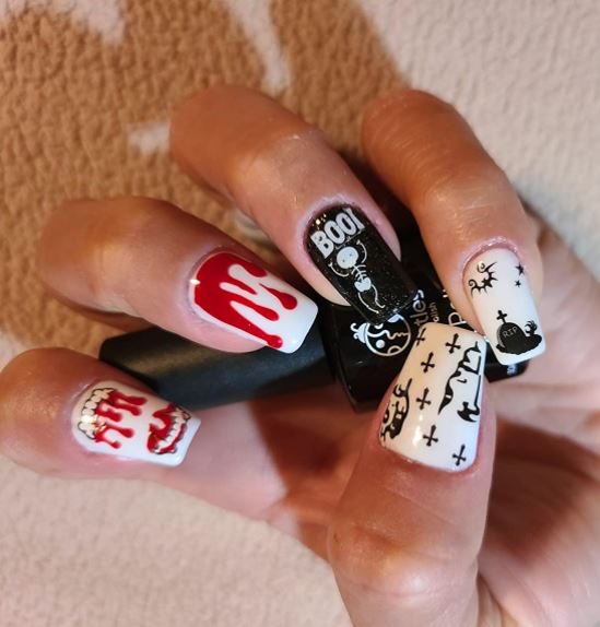 black and white Halloween fingernails with blood and ghost Halloween stickers