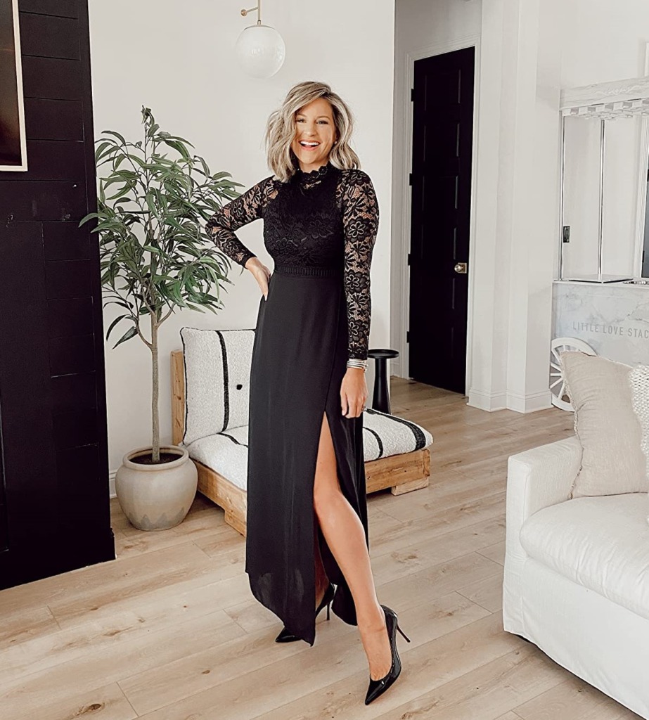 black tie wedding guest outfit on Amazon with black tie dress with high slit and long sleeves