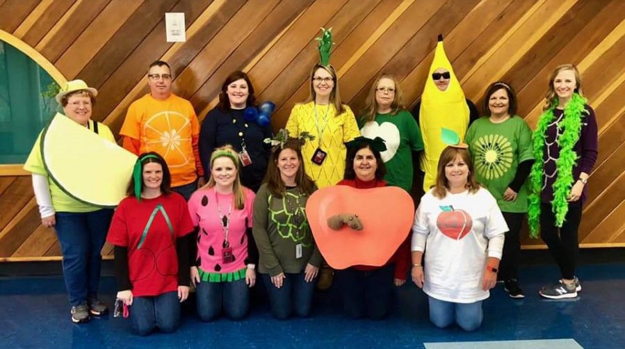 bowl of fruit and healthy fruit Halloween costume idea for large group of teachers in school for Halloween