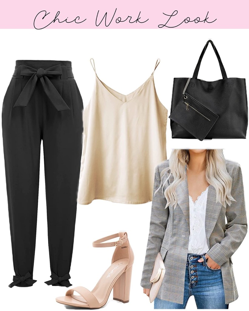 cute business casual outfit idea with cami, tan heels, and grey blazer