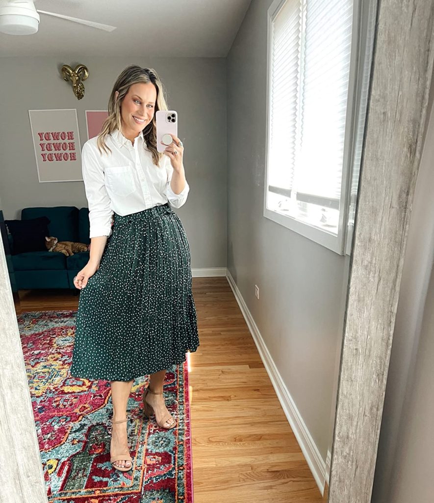cute teacher outfit with midi skirt and blouse