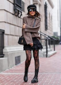 fall outfit with skirt, sweater, and Dr. Martens Boots