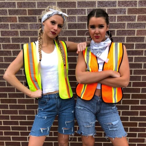 two teenage girls dressed up as construction workers for an easy DIY Halloween costume