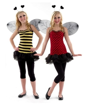 teenage girl best friends dressed up as a ladybug and bumble bee for Halloween