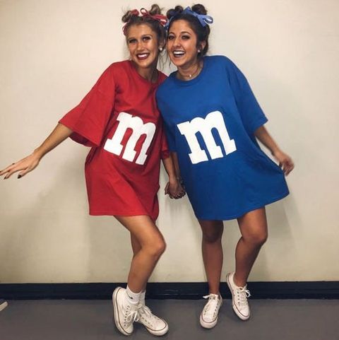 two teenage girl best friends dressed up as M&Ms for an easy and cute Halloween costume