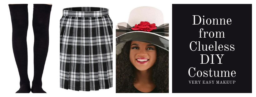 Dionne from Clueless DIY costume with black tights, black and white plaid skirt, and Dionne costume hat by Very Easy Makeup