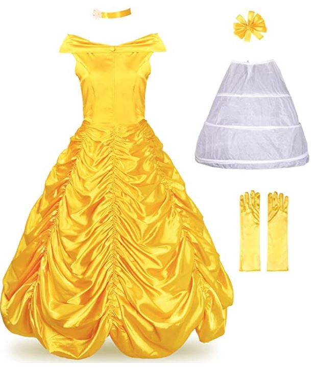 Disney Belle princess costume with yellow ballroom dress, yellow gloves, and hoop skirt