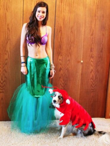 Disney Little Mermaid and Sebastian matching Halloween costumes for dog and owner