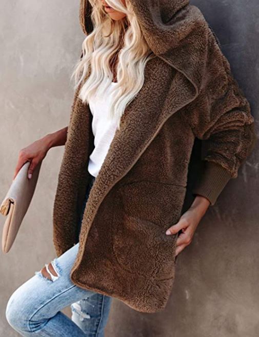 Dokotoo long sleeve fuzzy jacket on Amazon in brown
