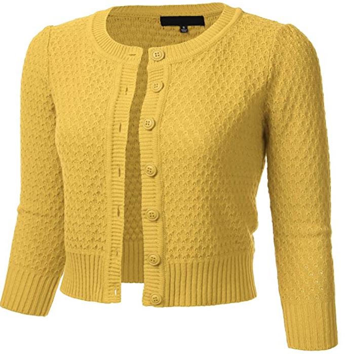 yellow FLORIA Women's Button Down 3/4 Sleeve Crew Neck Cotton Knit Cropped Cardigan Sweater
