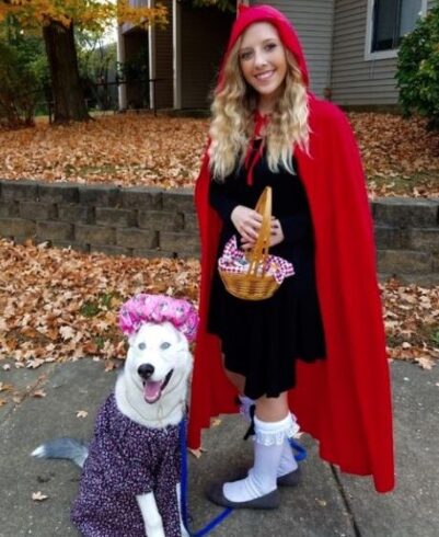 funny owner and dog matching Halloween costumes with Little Red Riding Hood and Granny the Wolf