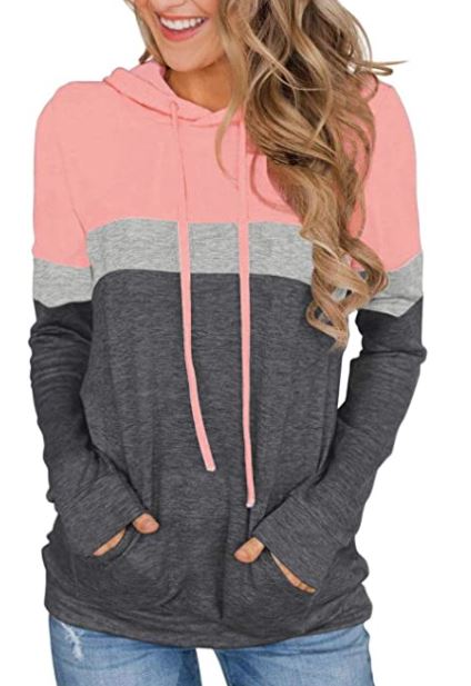 pink and grey stripe cozy PINKMSTYLE Women's Casual Color Block Hoodies Tops Long Sleeve Drawstring Pullover Sweatshirts with Pocket