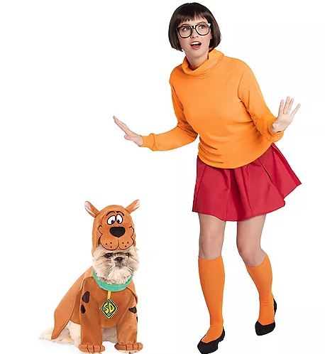 Scooby Doo owner and dog Halloween costumes with Scooby Doo dog costume and Velma costume for women