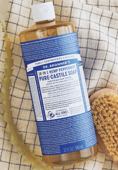 Dr. Bronner's peppermint soap for a gentle face wash for clear skin