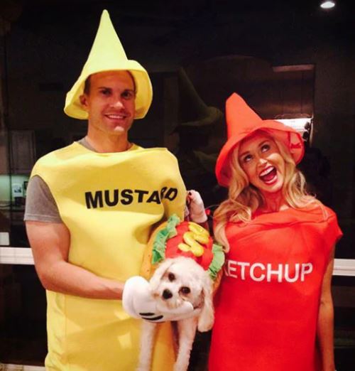 funny owner and dog Halloween costumes with mustard and ketchup with hot dog dog costume