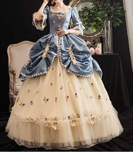 light cream and light blue Marie Antoinette ball dress on Amazon with plus size dresses available