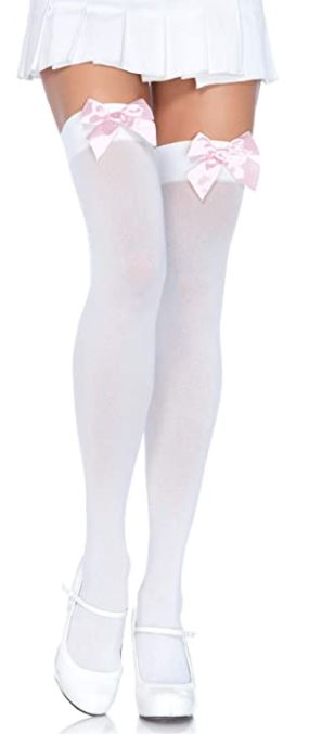 sexy white thigh high tights with pink bow for cosplay and costumes