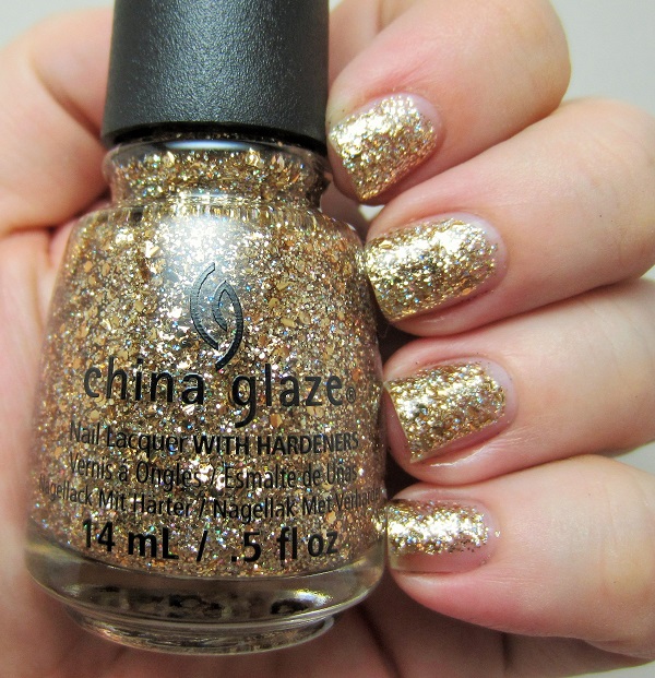 China Glaze gold glitter nail polish in Counting Carats for Christmas or winter nails