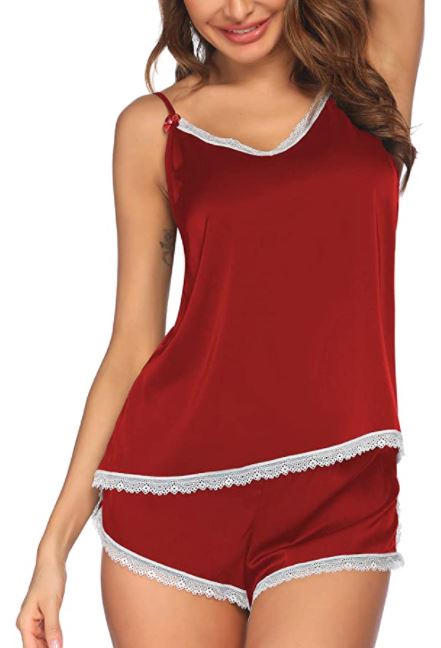 Ekouaer Womens Pajama Sets Sexy Lingerie Satin Sleepwear Cami Shorts Set Sexy Lace Pj Sleepwear Set in red